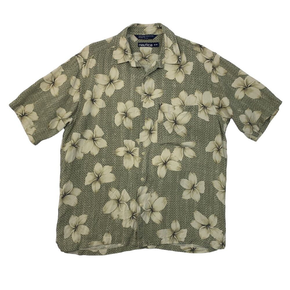 Nautica Silk Shirt Mens M Medium Herb Button Up Floral Hawaiian Short Sleeve